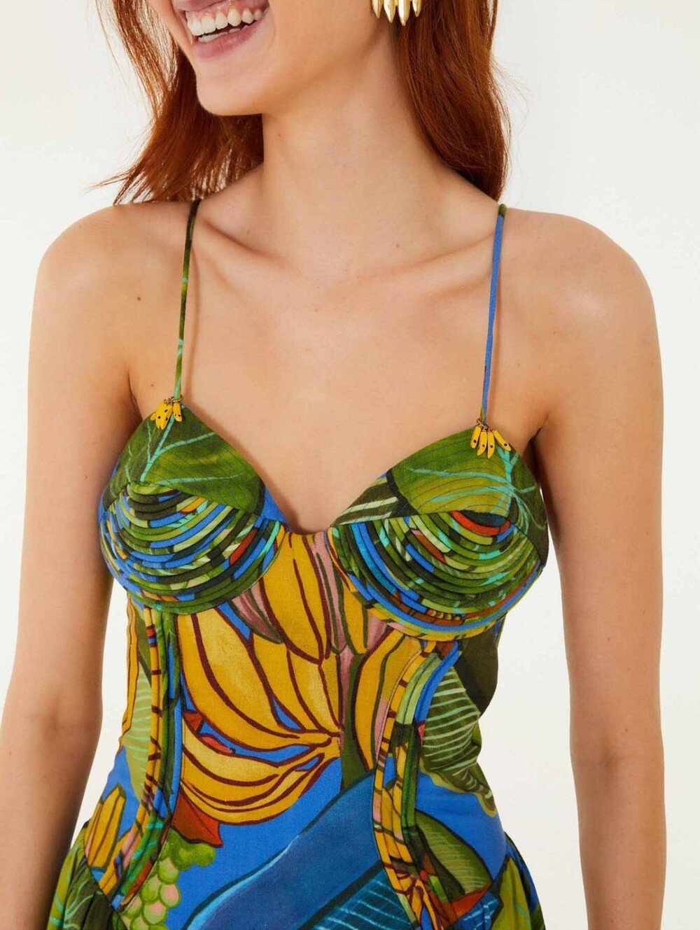 NWT FARM Rio Blue Banana Grapes 3D Bodice Sleeveless Maxi Dress Size Large - Picture 2 of 13